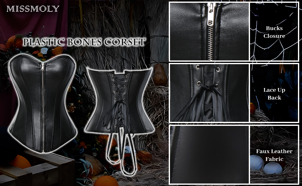 Корсет MISS MOLY з G-String, XL, чорний: вінтажний дизайн, штучна шкіра, на блискавку