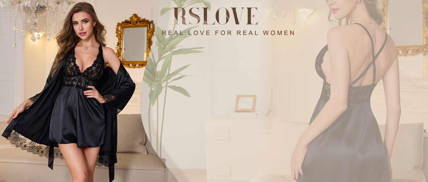 Еротична нічна сорочка RSLOVE з мереживом та халатом, чорний сатин