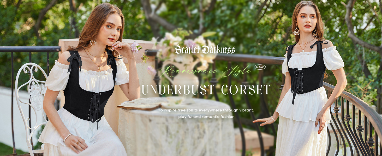 Жіночий корсет SCARLET DARKNESS у стилі ренесанс з вирізом U-подібним, мереживний топ Cottagecore, чорний, розмір 36