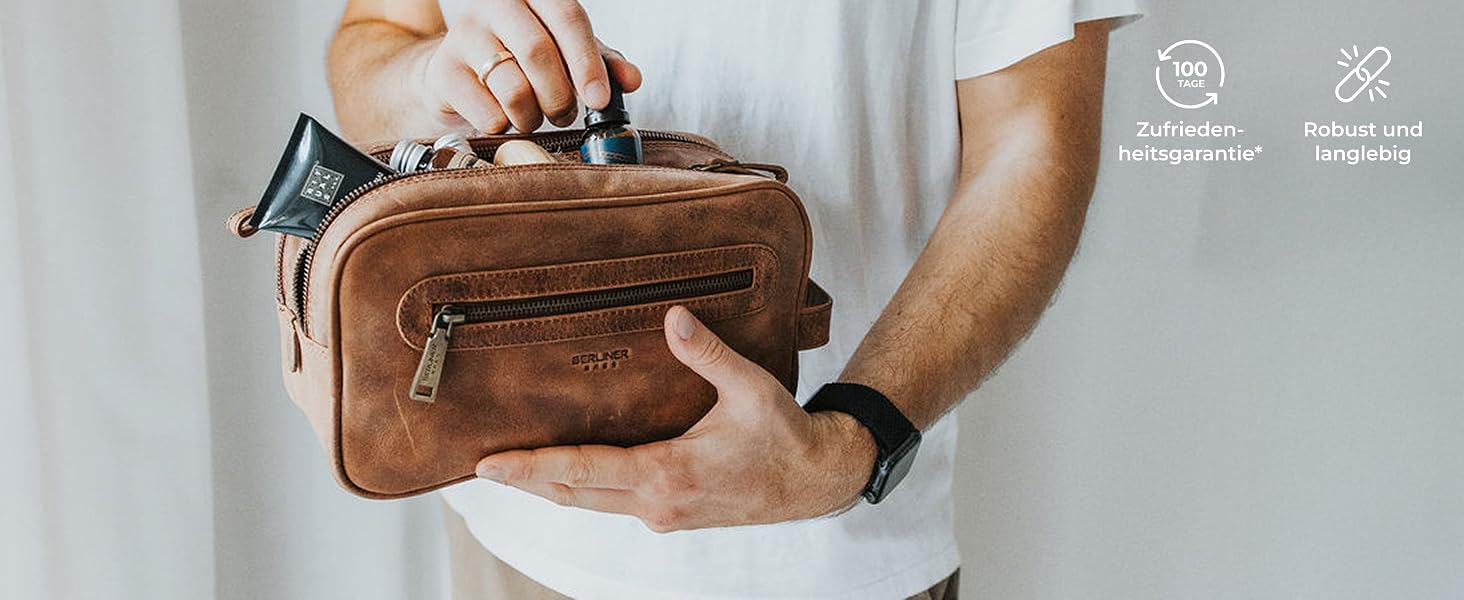 Шкіряна косметичка для подорожей Berliner Bags Vintage Kulturbeutel Max, велика сумка для гігієни з 2 відділеннями, унісекс, колір коричневий камель