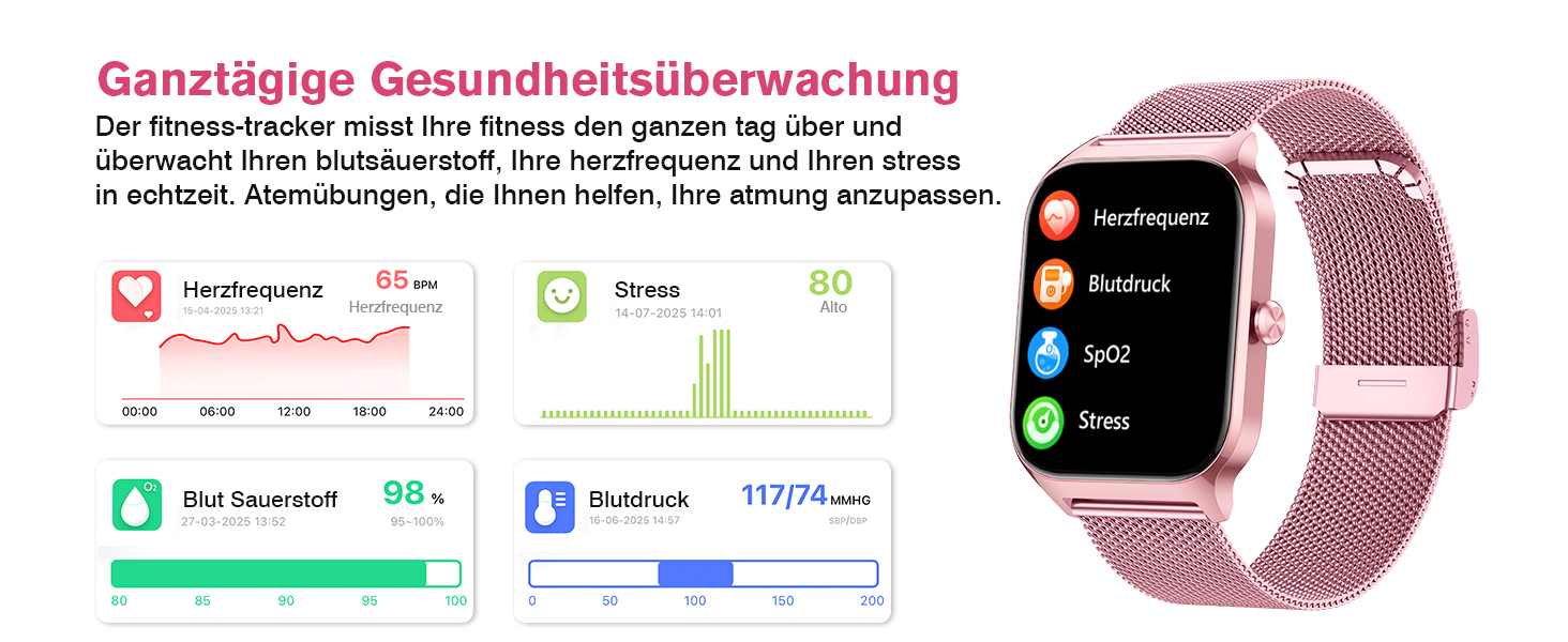 Смарт-годинник KALINCO для чоловіків та жінок з Bluetooth-дзвінками, вимірюванням тиску, пульсу та SpO2, AI фітнес-трекер, 100+ спортивних режимів, аналіз сну, сумісний з iOS та Android, колір: Rose Milano