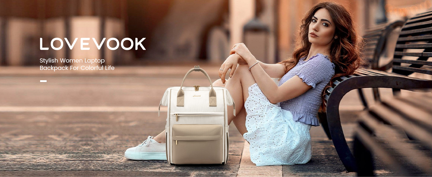 Жіночий рюкзак LOVEVOOK для ноутбука 15.6 дюймів, водонепроникна сумка для роботи, навчання та подорожей, бежевий