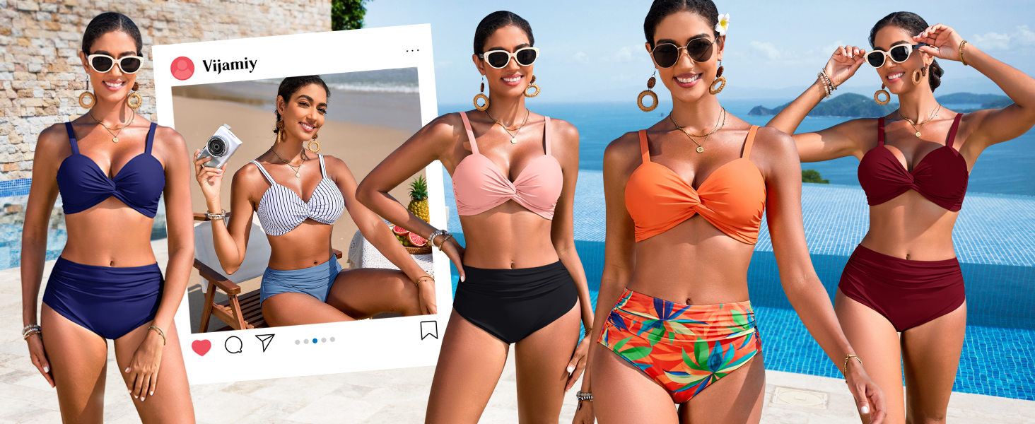 Бікіні жіночий комплект з високою талією, суцільний купальник двочастинний, сексуальний V-подібний виріз, push-up, кольоровий смугастий, великі розміри, пляжний, басейн, бордовий