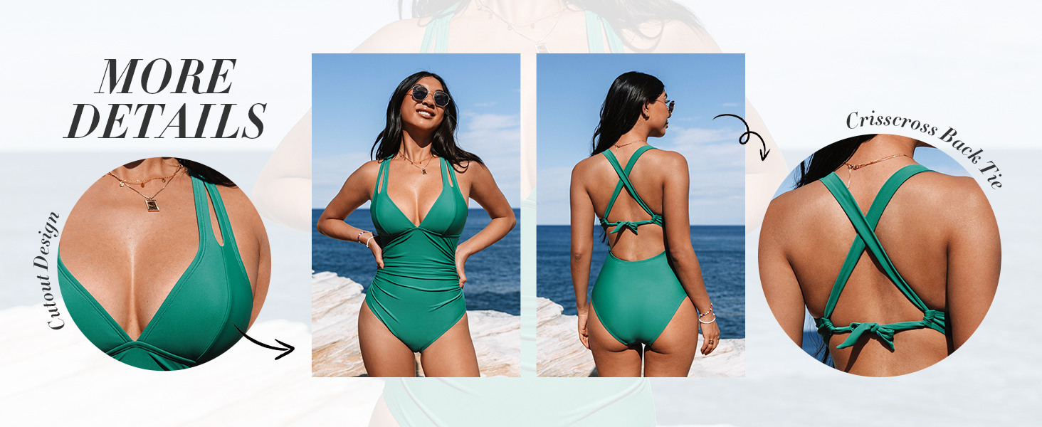 Купальник CUPSHE з V-подібним вирізом, корегуючими складками та глибоким вирізом на спині, одноцільний, оливковий/тропічний, для жінок