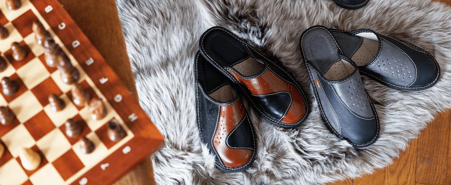 Чоловічі шкіряні капці BeComfy для дому з натуральної шкіри, протиковзкі, розмір 46 EU, чорні з коричневим