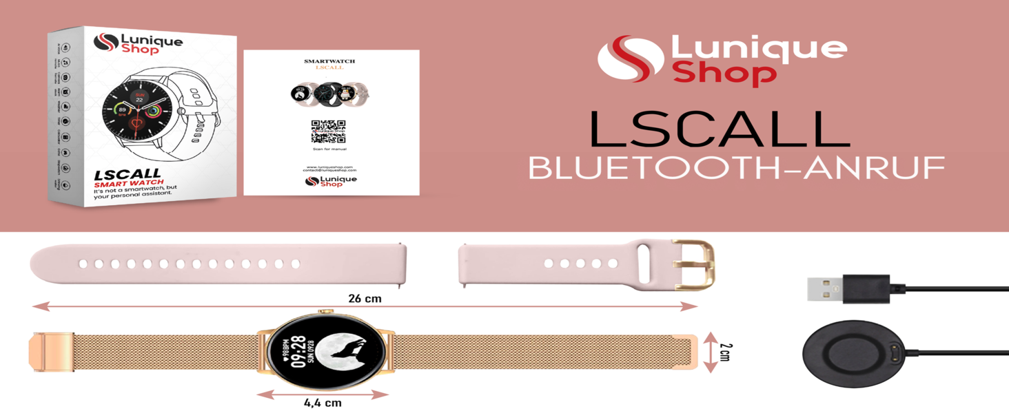 Смарт-годинник LSCALL для жінок з функцією дзвінків, голосовим помічником, вимірюванням SpO2 та тиском, 1.7'' дисплей, 2 ремінці, сумісний з iOS та Android, колір Gold/Pink