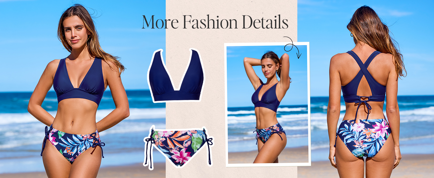 CUPSHE БІКІНІ Спортивний Роздільний Купальник з V-подібним вирізом, на зав'язках, низька талія, квітковий принт, оливковий колір, для жінок