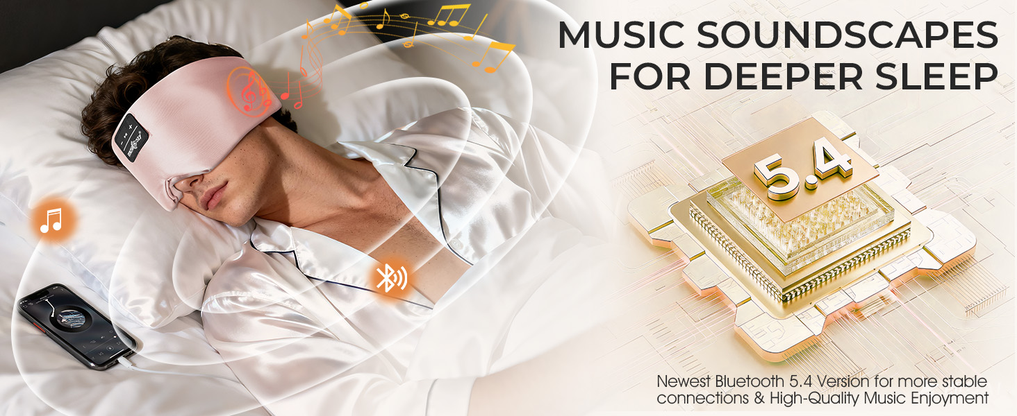 Bluetooth маска для сну MUSICOZY з навушниками 5.4, шовкова 3D маска для сну з повним затемненням, дихаюча, для тих хто спить на боці, 14 год роботи (Рожева)