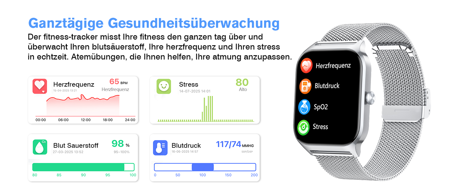 Смарт-годинник KALINCO для чоловіків та жінок: Bluetooth-дзвінки, вимірювання тиску, пульсу, SpO2, стресу, 100+ спортивних режимів, аналіз сну, сумісність з iOS та Android (Milano Срібний + Білий)