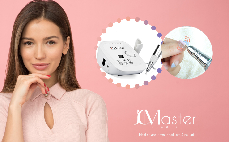 Професійний апарат для манікюру та педикюру JCMaster Profi, електричний нігтьовий фрезер 35 000 об/хв з ножною педаллю та сенсорним керуванням, для гель-лаків та акрилу, рожевий (6 насадок у комплекті)