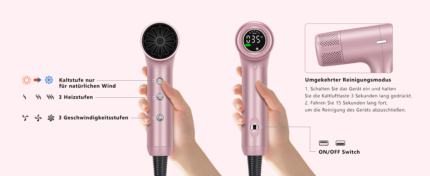 Професійний іонний фен для волосся PARWIN PRO BEAUTY з безщітковим двигуном 110,000 RPM, магнітним диффузором та LCD-дисплеєм, рожевий