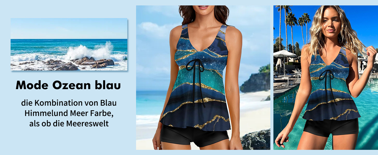 Tankini жіночий купальник з високою талією, push-up топ з шортами, двочастинний, квітковий принт, блакитний, розмір L