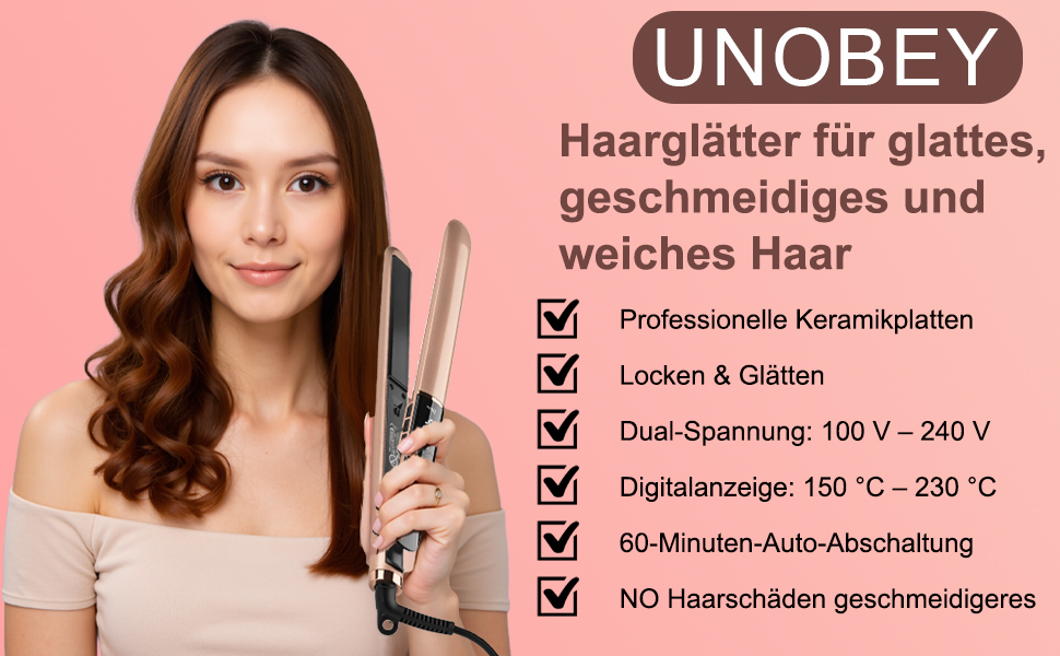 Випрямляч для волосся UNOBEY Ceramic Straight 2 в 1 для гладкого та блискучого волосся, керамічний стайлер для випрямлення та завивки, 150°C-230°C, антифриз ефект, колір рожеве золото