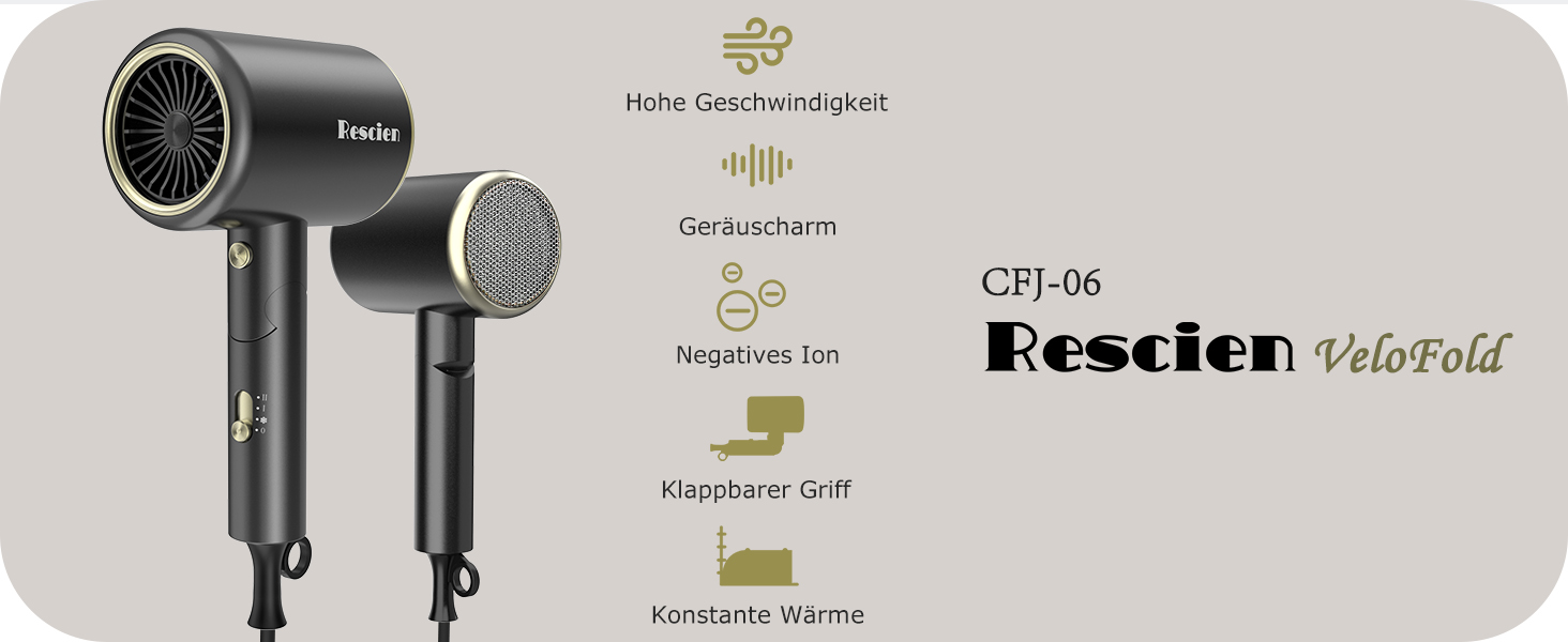 Складаний іонізаційний фен для волосся RESCIEN 2000W, компактний дорожній стайлер з дифузором та вузьким соплом, швидке сушіння, низький рівень шуму (S-06)