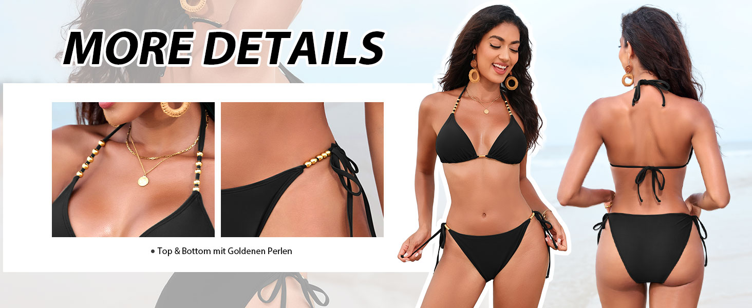 Бікіні Triangel Daen з золотими перлами, топ-халтер з підтримкою та трусики-стрінг на зав'язки (ХAKI, XL)