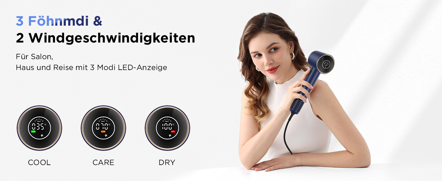 Професійний фен для волосся PARWIN PRO BEAUTY Air-Sonic з HD-LED дисплеєм, безщітковим мотором 110,000 об/хв та іонізацією (200 млн негативних іонів), швидка сушка 25 м/с, колір Прусський синій