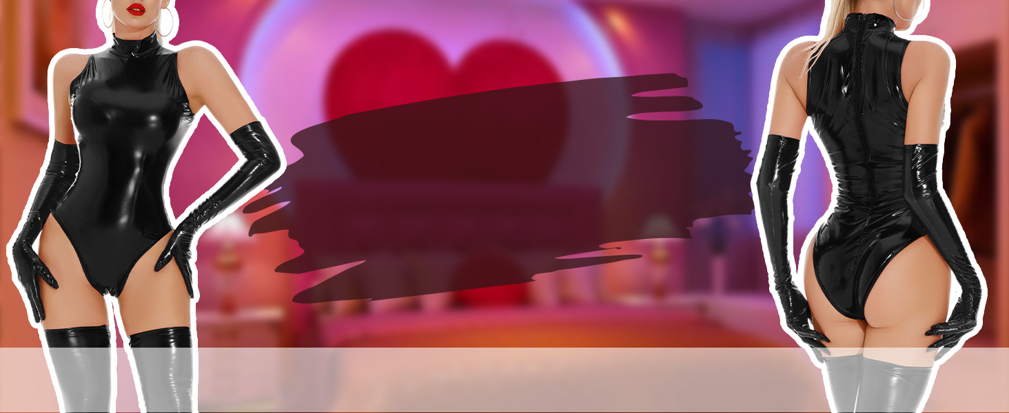 Боді з латексу FEOYA для жінок, блискучий, без рукавів, з високою талією, на блискавці, чорний, S