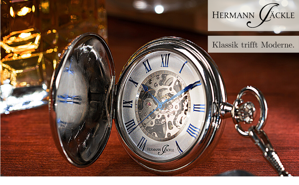 Чоловічий кишеньковий годинник Hermann Jäckle Ettlingen Skelett 50 мм — скелетон, ручний завод, корпус Double Hunter, римські цифри, з ланцюжком та футляром