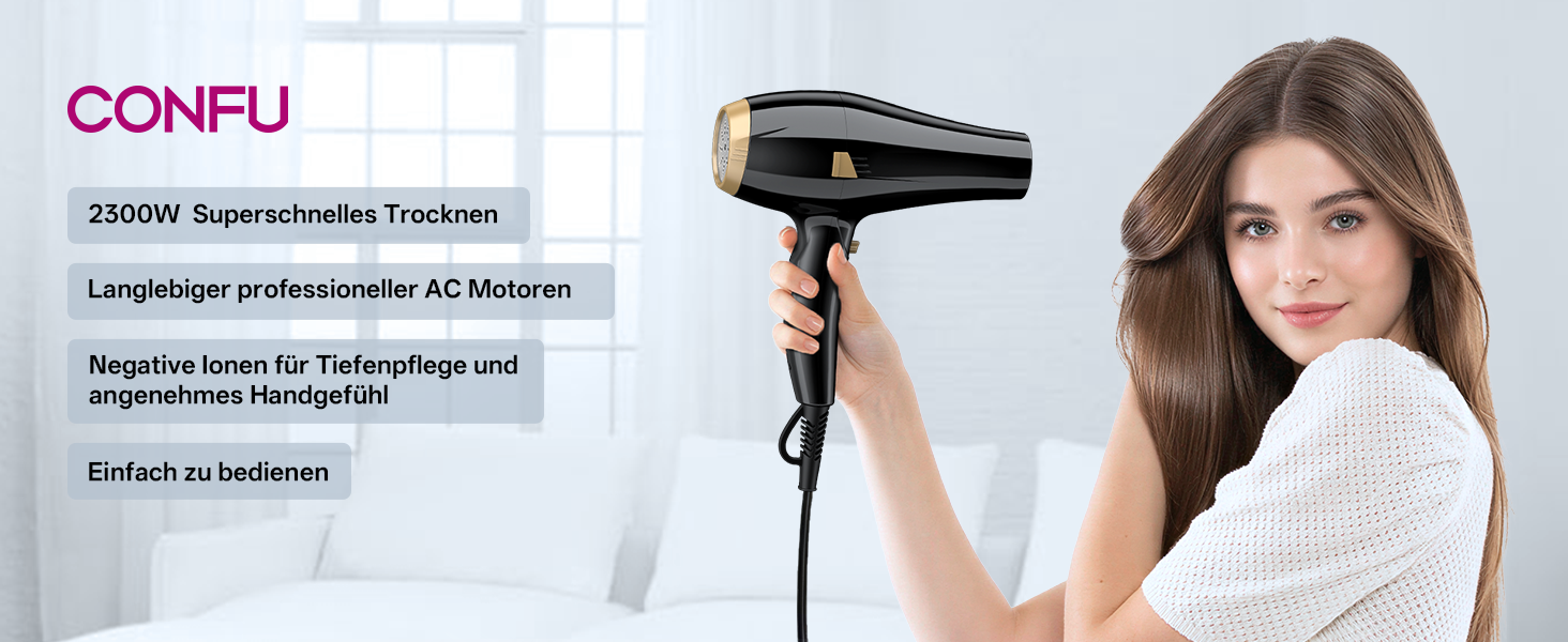 Професійний фен для волосся CONFU 2400W з іонізацією, дифузором та вузьким соплом, 2 швидкості та 3 температурні режими, AC-мотор, чорний