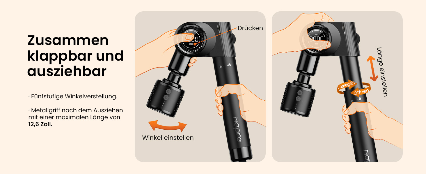 Перкусійний масажер Napre Massage Gun з функцією підігріву та охолодження, складаний масажний пістолет для тіла, спини та плечей, 32 рівні швидкості, 5 кутів нахилу, Gloss Black