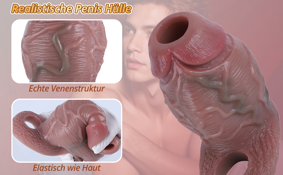 Реалістичний пеніс-чохол з кільцем для яєчок, для збільшення пеніса, з рідкого силікону, для затримки еякуляції (M)