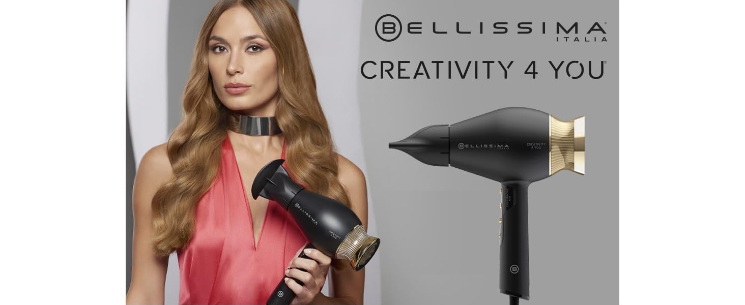 Професійний фен для волосся Bellissima Creativity 4 You, 1800 Вт, з іонною технологією, дифузором та 4 насадками, інтелектуальний контроль температури, сумка для аксесуарів