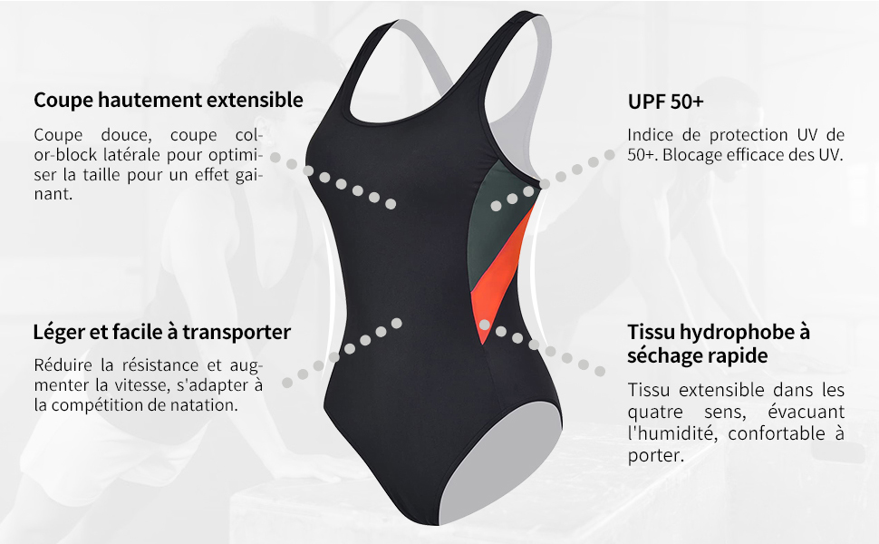 Жіночий спортивний купальник Racerback чорний, сірий та помаранчевий. Спортивна мода для басейну та пляжу