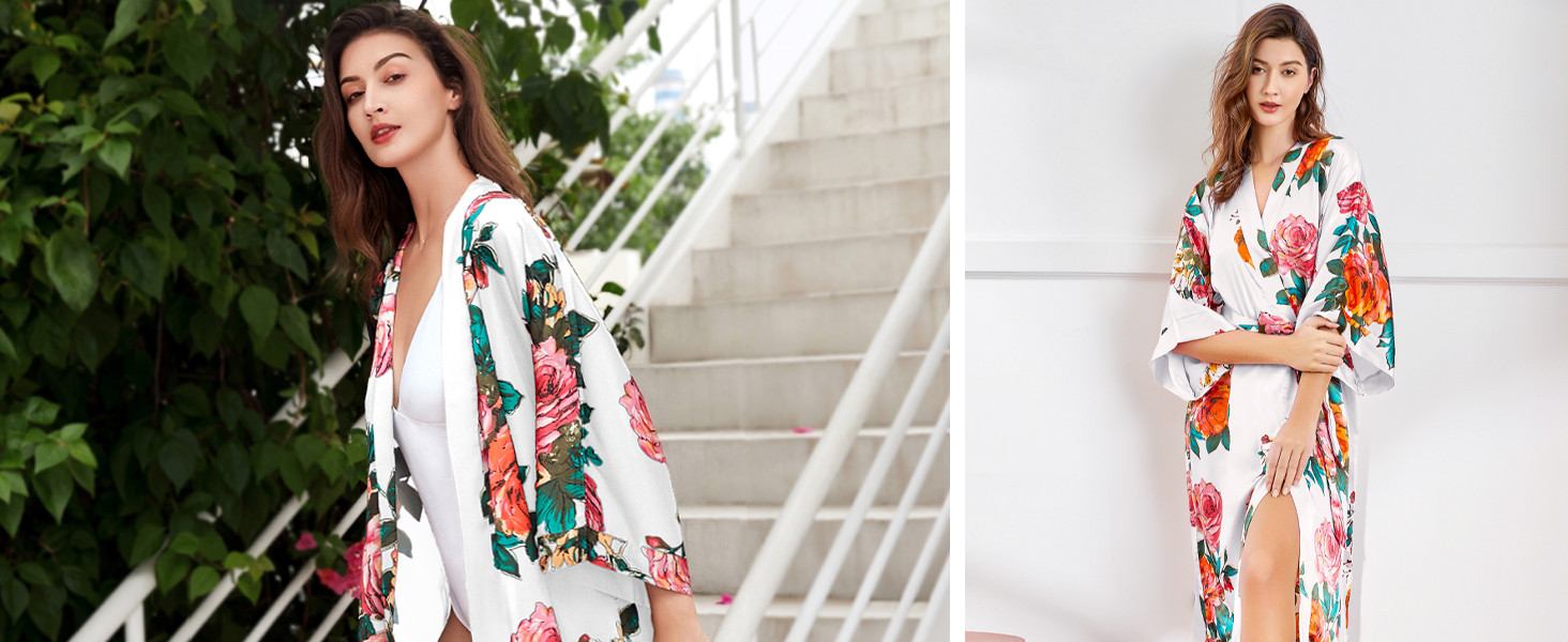 Халат жіночий шовковий максі з квітковим принтом, Babeyond | Халат, кімоно, піжама, для дому