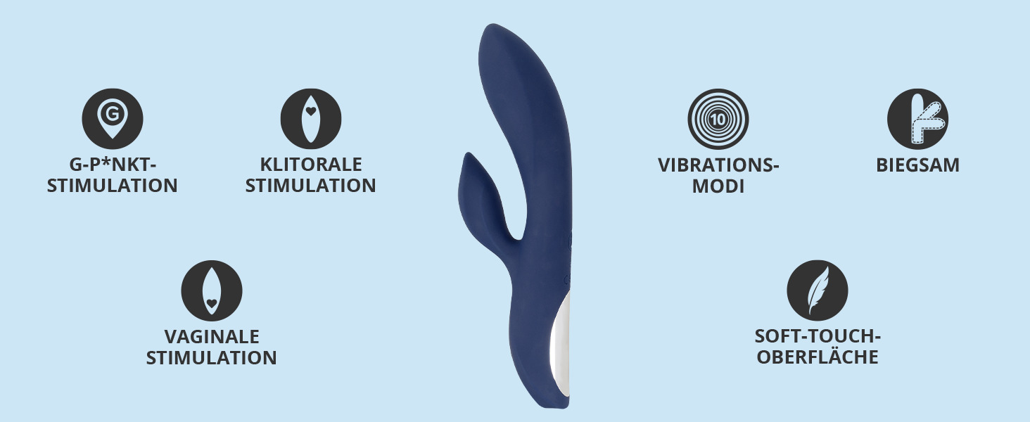 Вібратор ORION Rabbit-Vibrator: інтенсивна стимуляція, вагінальна та кліторальна, 10 режимів, блакитний, 20 см