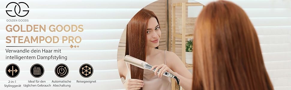 Професійний випрямляч для волосся 2-in-1 Golden Goods: стайлер-плойка з титановими керамічними пластинами 42мм, парова функція, LCD-дисплеєм, швидкий нагрів за 25с, 10 рівнів температури (100-230°C), колір шампань