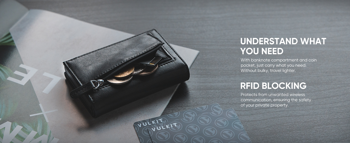 Шкіряний гаманець-картхолдер VULKIT з RFID-захистом, Pop-Up системою, відділенням для купюр, монет та вікном для ID, чорний