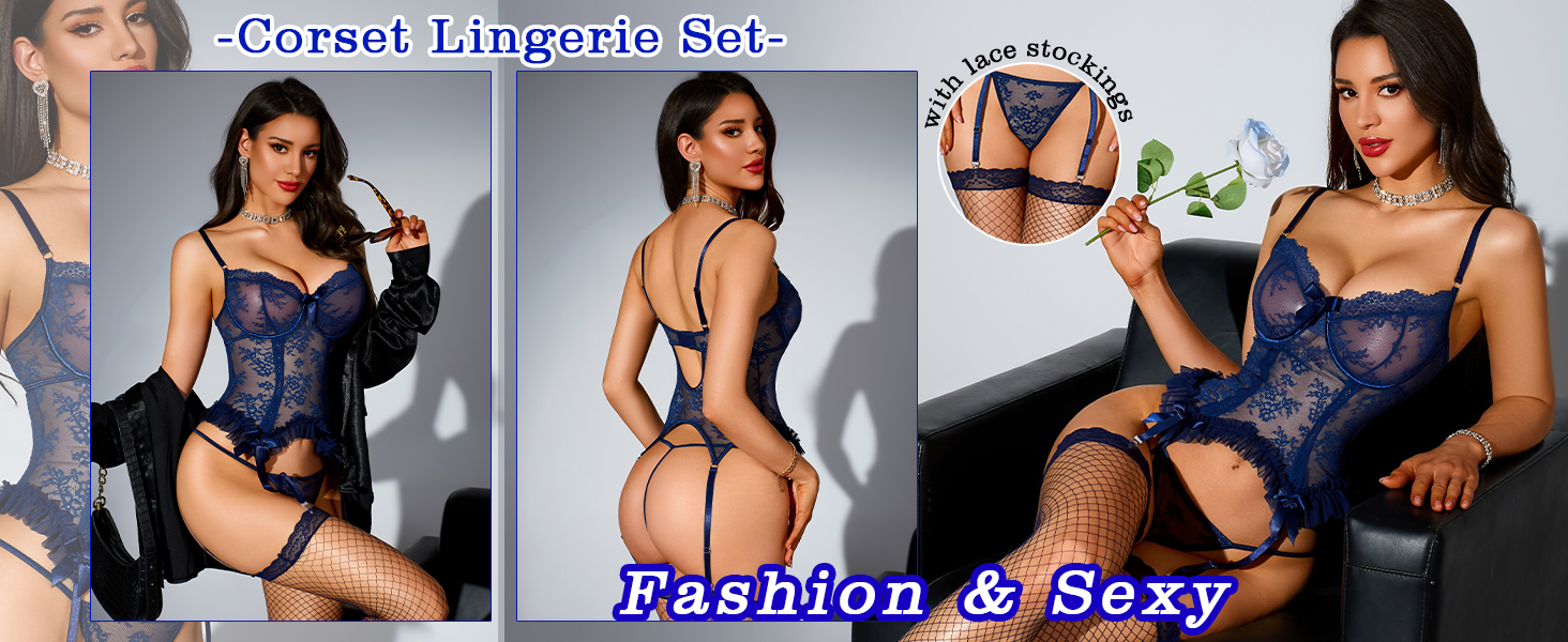 Комплекти жіночої білизни Aranmei: мереживний боді, стрінги, мереживні панчохи, червоний