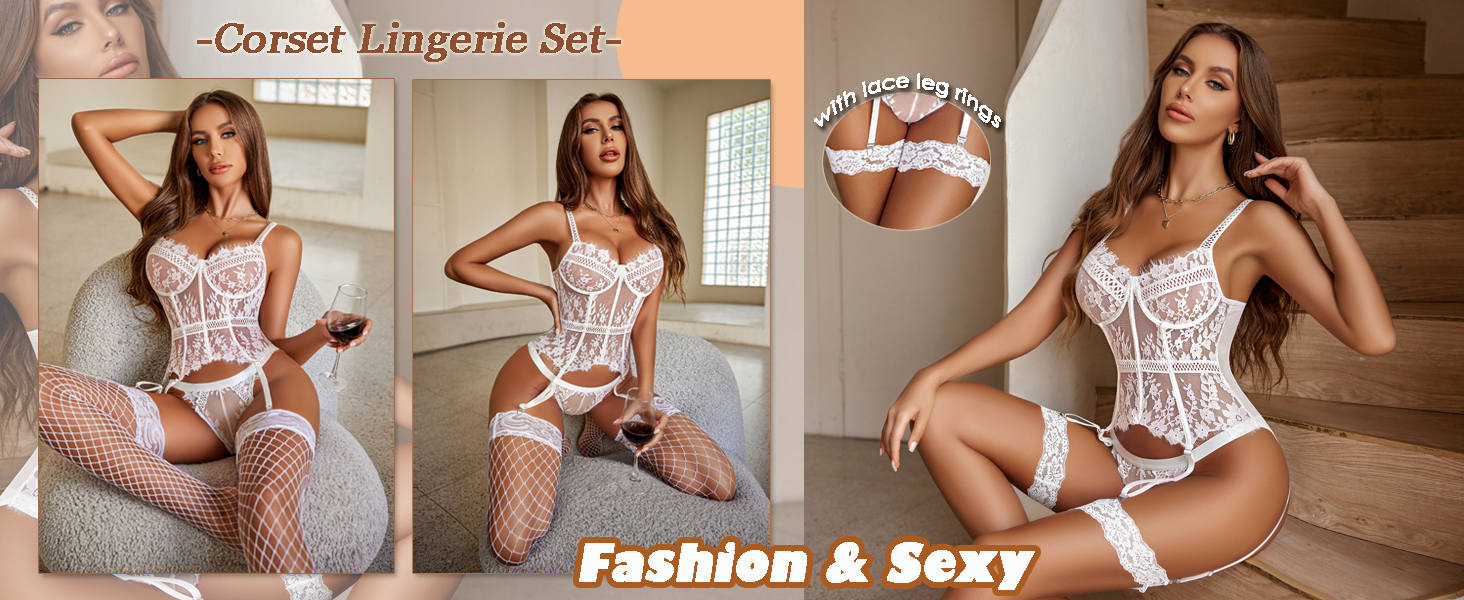 Avidlove Комплект нижньої білизни для жінок: мереживний боді, бюстгальтер з кісточками, трусики та стрінги, чорний