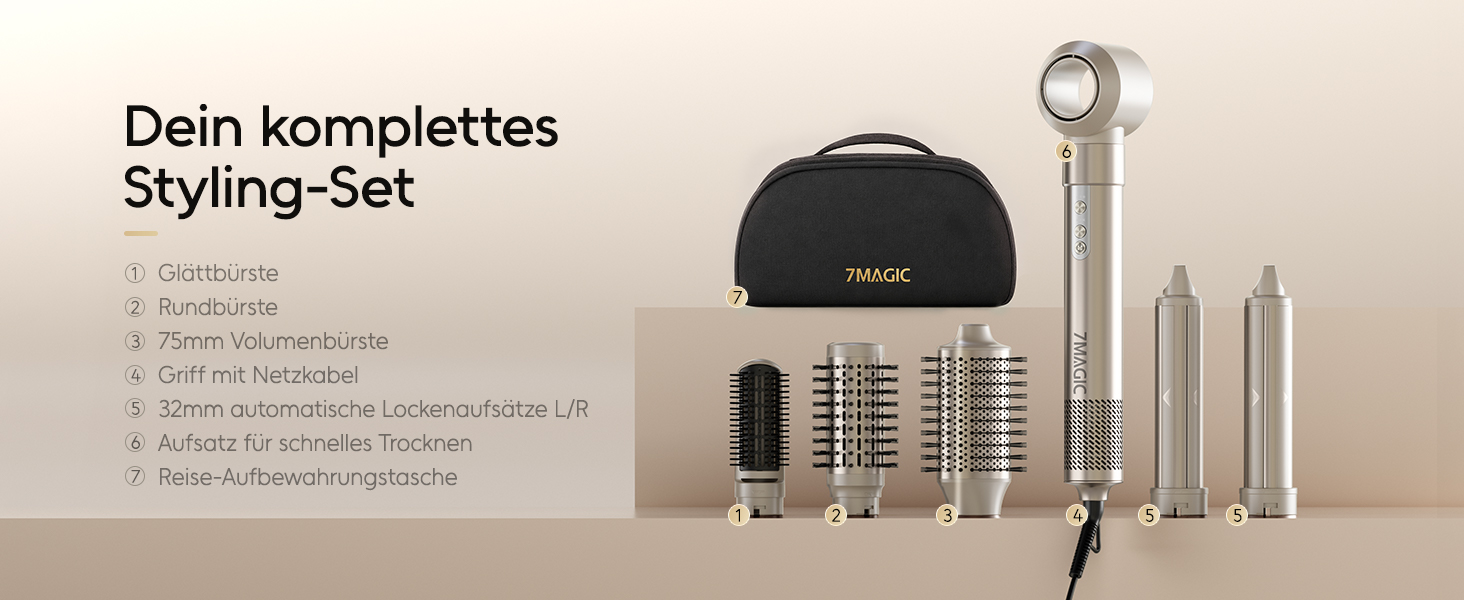 Мультистайлер 6 в 1 7MAGIC Airstyler: іонний фен, автоматичний стайлер для локонів та щітка для вирівнювання волосся, ефект Коанда, колір Champagne Gold