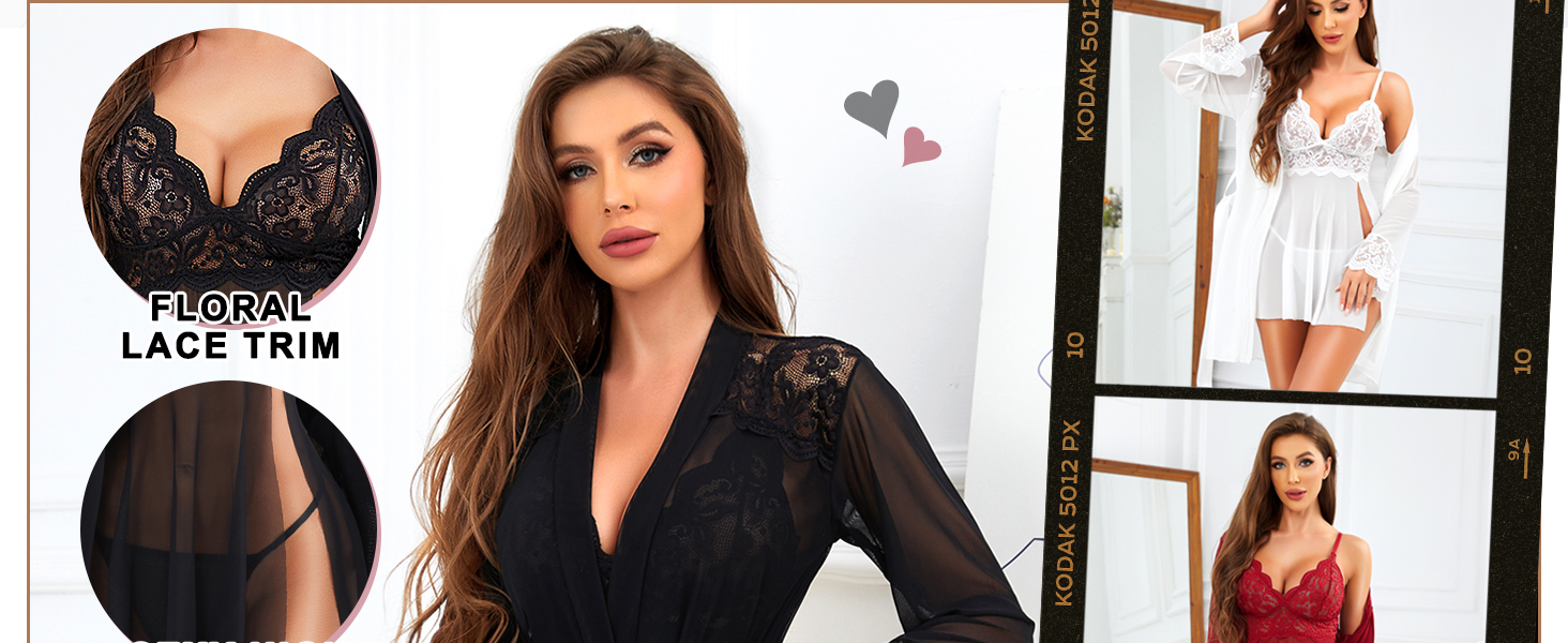 RSLOVE Сексуальний жіночий комплект нижньої білизни: мереживний халат, нігліж, боді з сітки, 3 шт. - Вишневий