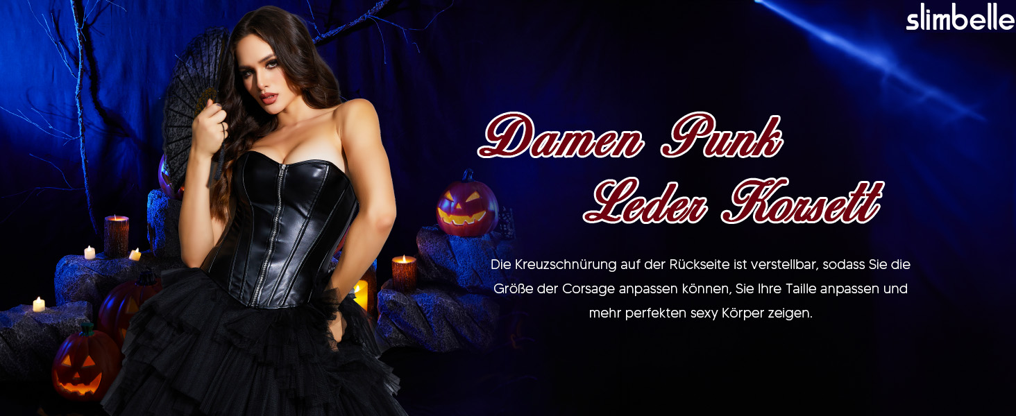 Корсетний топ SLIMBELLE для повних грудей: готичний корсет з мереживом та екошкіри, з тангa, чорний (S)