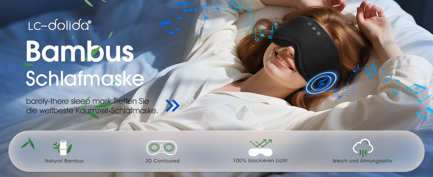 Bluetooth маска для сну LC-dolida зі звуком HiFi, світлонепроникна з бамбукової бавовни, Bluetooth 5.4, регульований ремінець, чорна