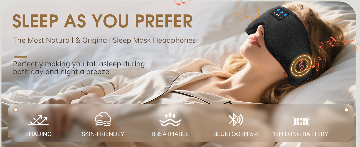 Маска для сну з Bluetooth-навушниками MUSICOZY, 3D маска для повного затемнення, м'які бездротові навушники для сну, медитації та подорожей, Bluetooth 5.4, 16 годин роботи