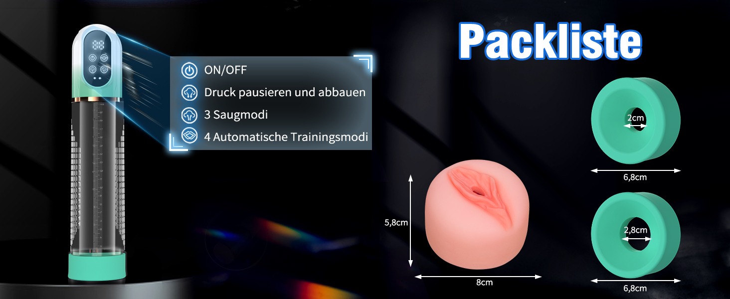 Пумпа для збільшення пеніса HIVEFUN: 4 режими всмоктування, 3 автоматичні тренувальні, водонепроникна (IPX7), сірий/зелений