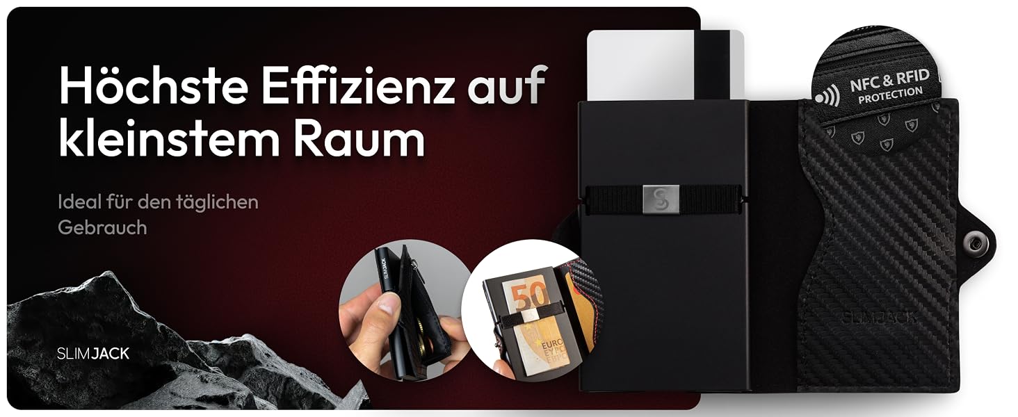 Розумний гаманець SLIMJACK з монетницею та RFID-захистом, чоловічий тримач для карток з алюмінію та шкіри (Modern, Carbon Redline)