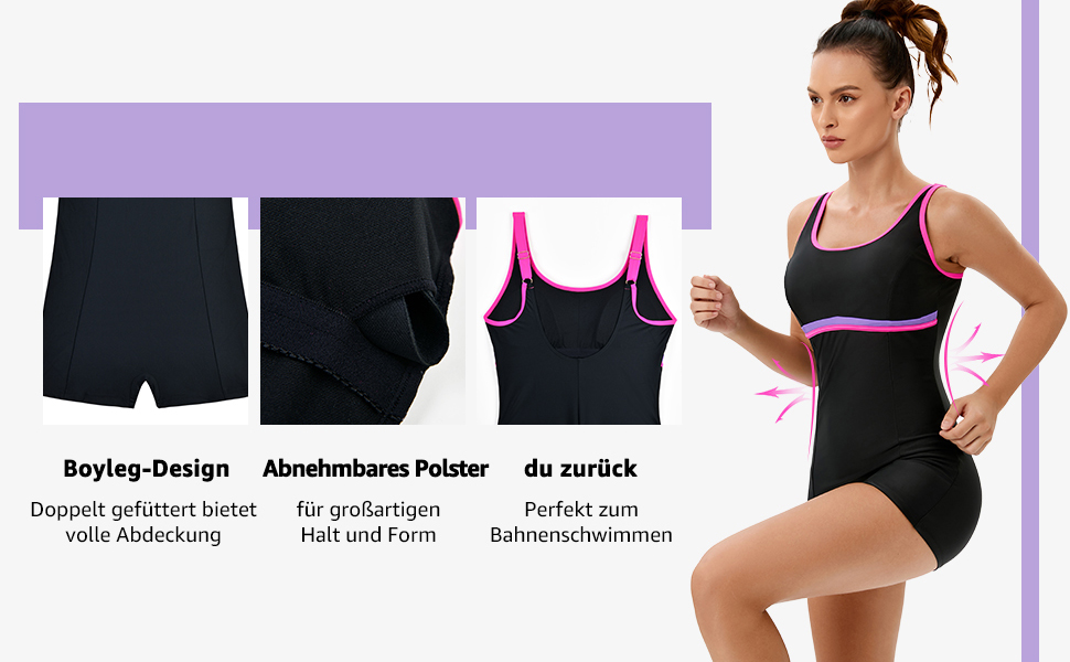 Спортивний купальник для жінок, цілісний, Racerback/U-Back, Body Shaping, чорний/рожевий, розмір 46