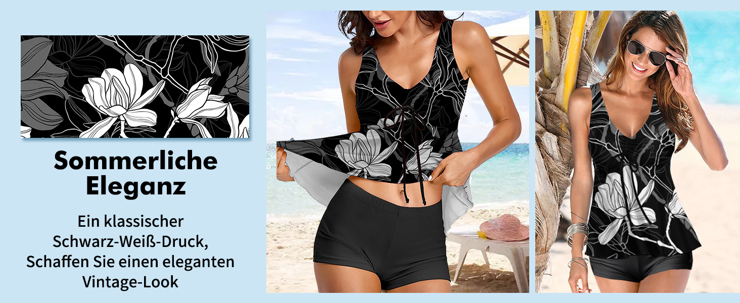 Tankini жіночий купальник з високою талією, push-up топ з шортами, двочастинний, квітковий принт, блакитний, розмір L