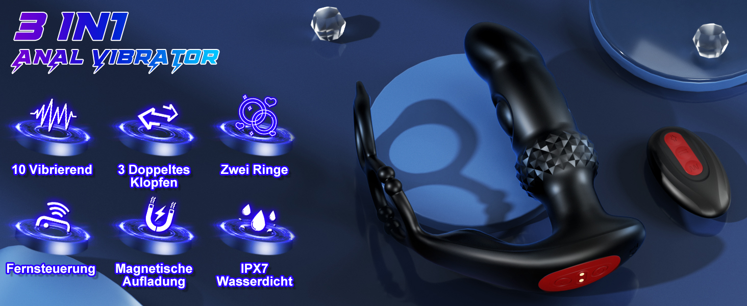 Анальний вібратор для чоловіків з пультом керування та кільцями для пеніса - 7 режимів вібрації, 3 насадки
