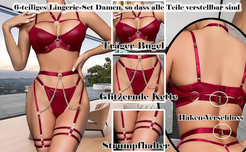 Сексуальна спідня білизна від Aucute Strapsen: бюстгальтер з кісточками та труси з ланцюжком, 6-частинний комплект, чорний