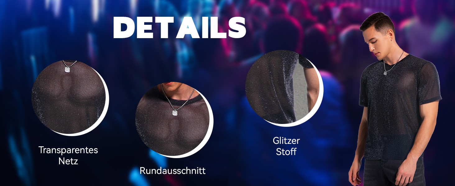 Чоловіча футболка Hawiland з блискітками, сітка, мереживо - для вечірок, клубів, рейв-вечірок. Чорний колір, розмір S
