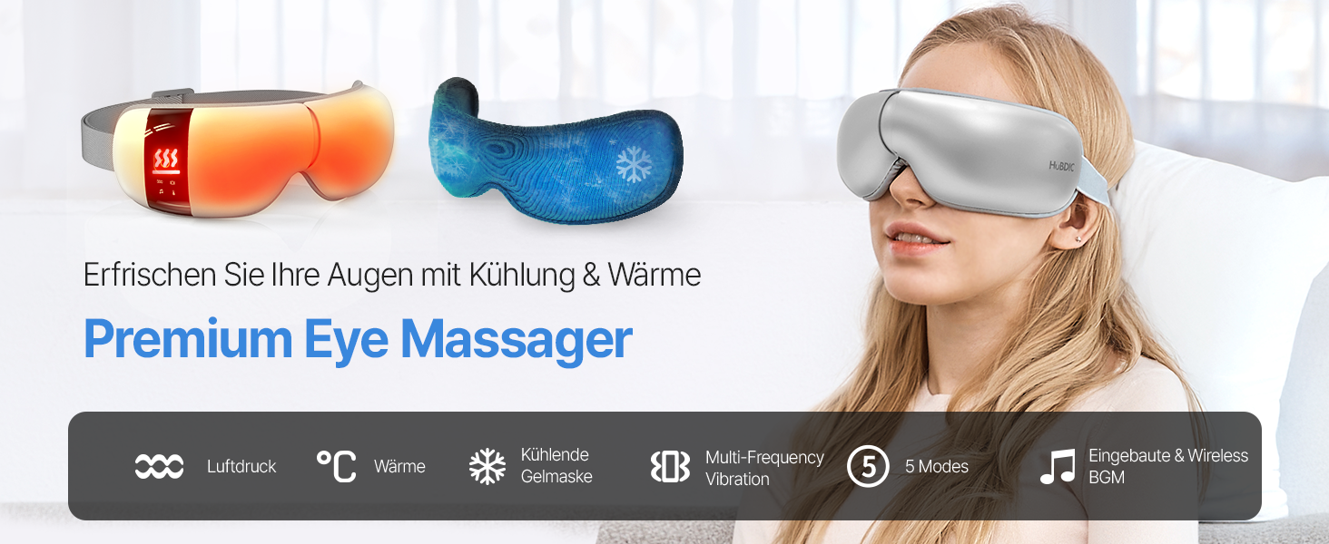 Масажер для очей HubiCare з функціями підігріву та охолодження, 3D-повітряним компресійним масажем, вібрацією та Bluetooth, сірий