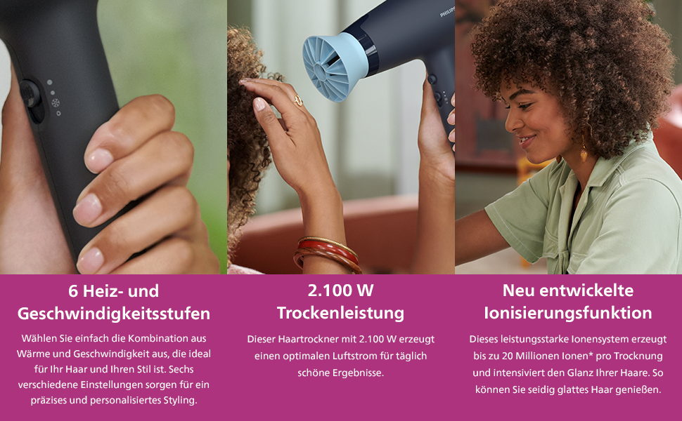 Фен для волосся Philips Series 3000 BHD360/20 з функцією іонізації, ThermoProtect, 2100 Вт, чорний (дифузор для об'єму в комплекті)