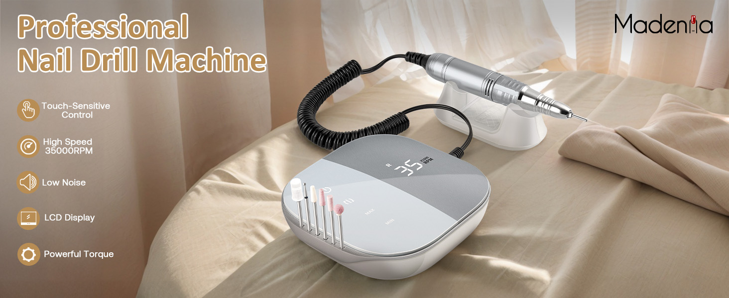 Професійний електричний апарат для манікюру та педикюру Madenia TouchPro, 35000 об/хв, з HD-дисплеєм та набором з 6 фрез, сірий