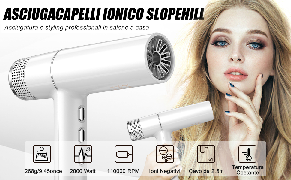 Професійний фен для волосся slopehill 2000W, 110000 об/хв, іонізація OxyActive, LED-дисплей, легкий та тихий (Білий)