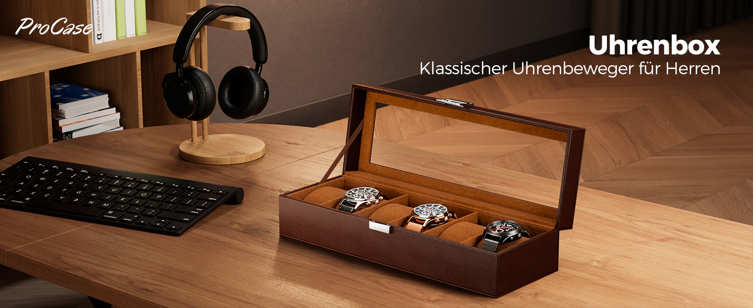 Бокс для годинників ProCase на 6 слотів із скляною кришкою, шкіряний футляр для зберігання годинників (PU-шкіра), коричневий